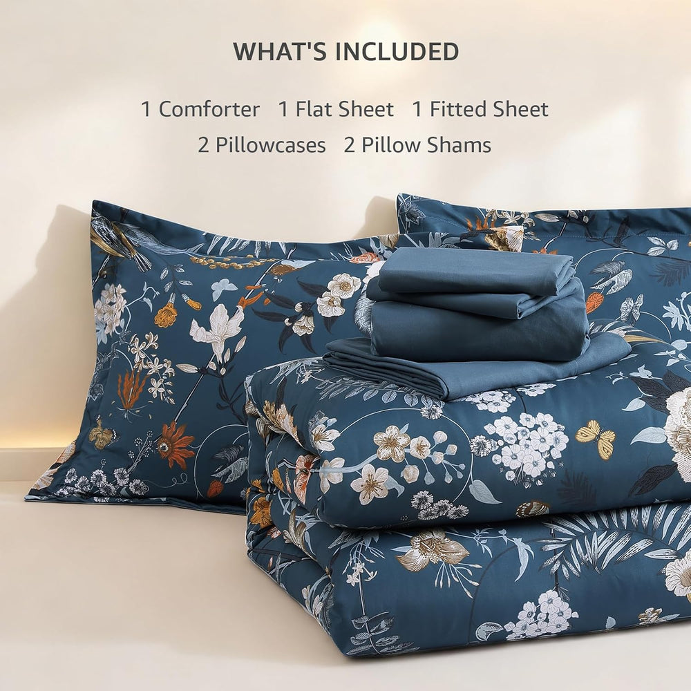 Full Size Comforter Sets-7 Pieces Blue Floral Bed in a Bag Full Bedding Set
