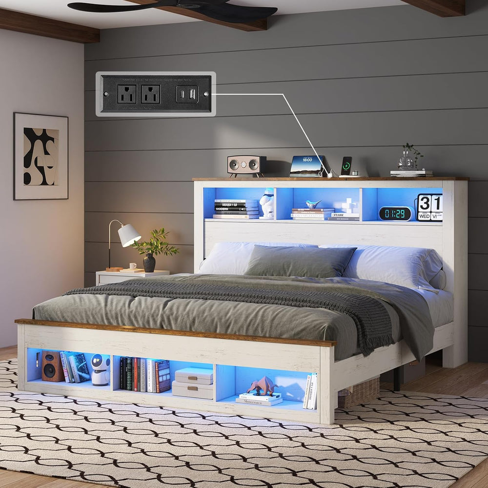 LUXOAK King Size Bed Frame with Storage Headboard and Footboard, White