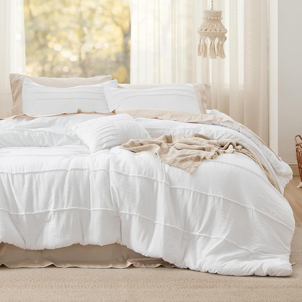 Bedsure Twin Comforter Set 3 Piece, White Boho, Pinch Pleat, All-Season