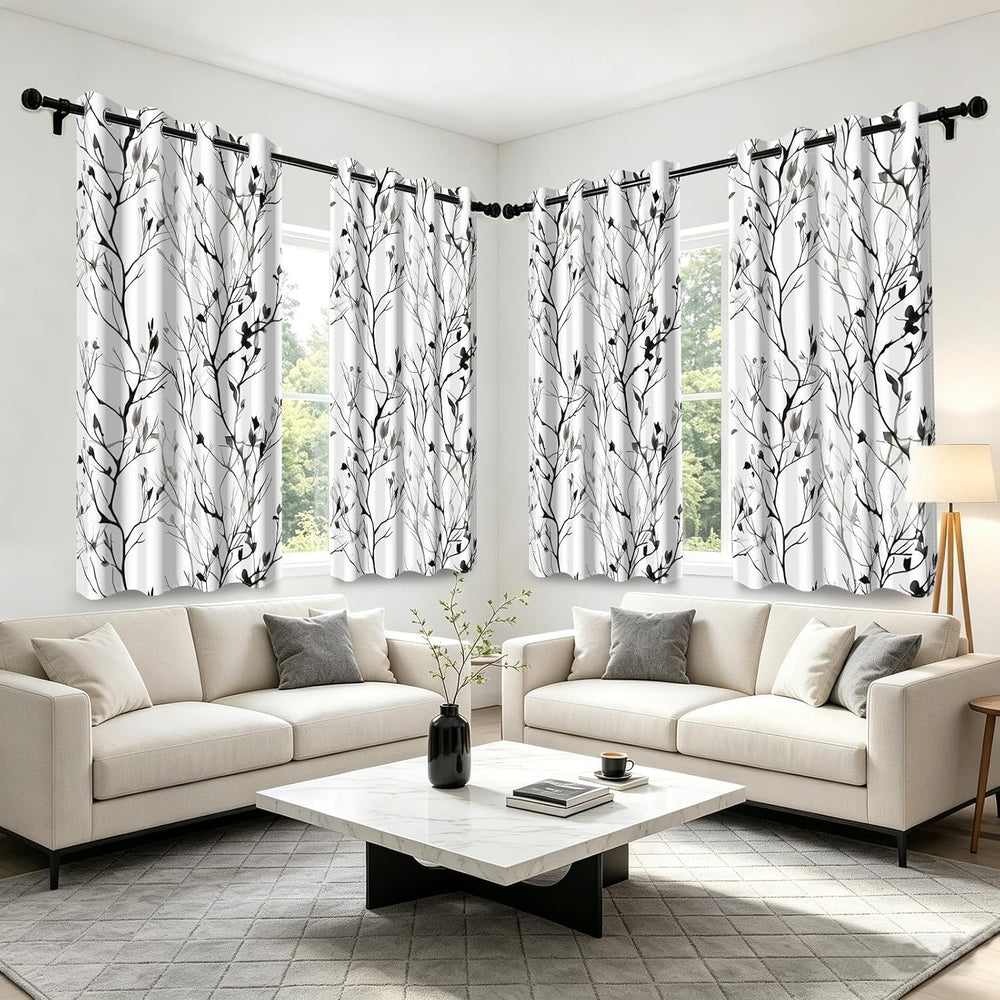 Grey Watercolor Branchs Room Darkening Curtains 63 Inches Length Black White ...