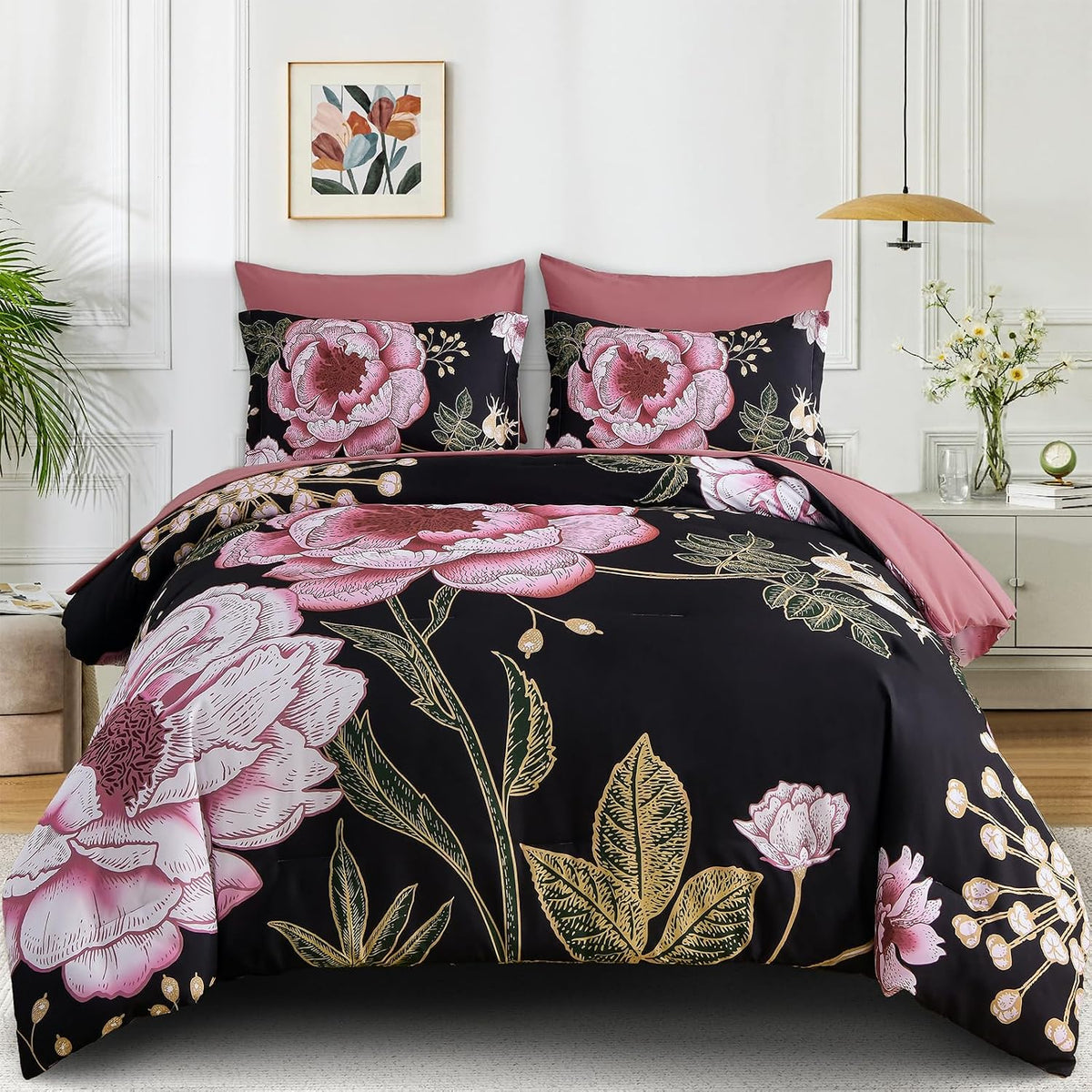luxudecor floral comforter set queen,7-piece bed in a, front angle view