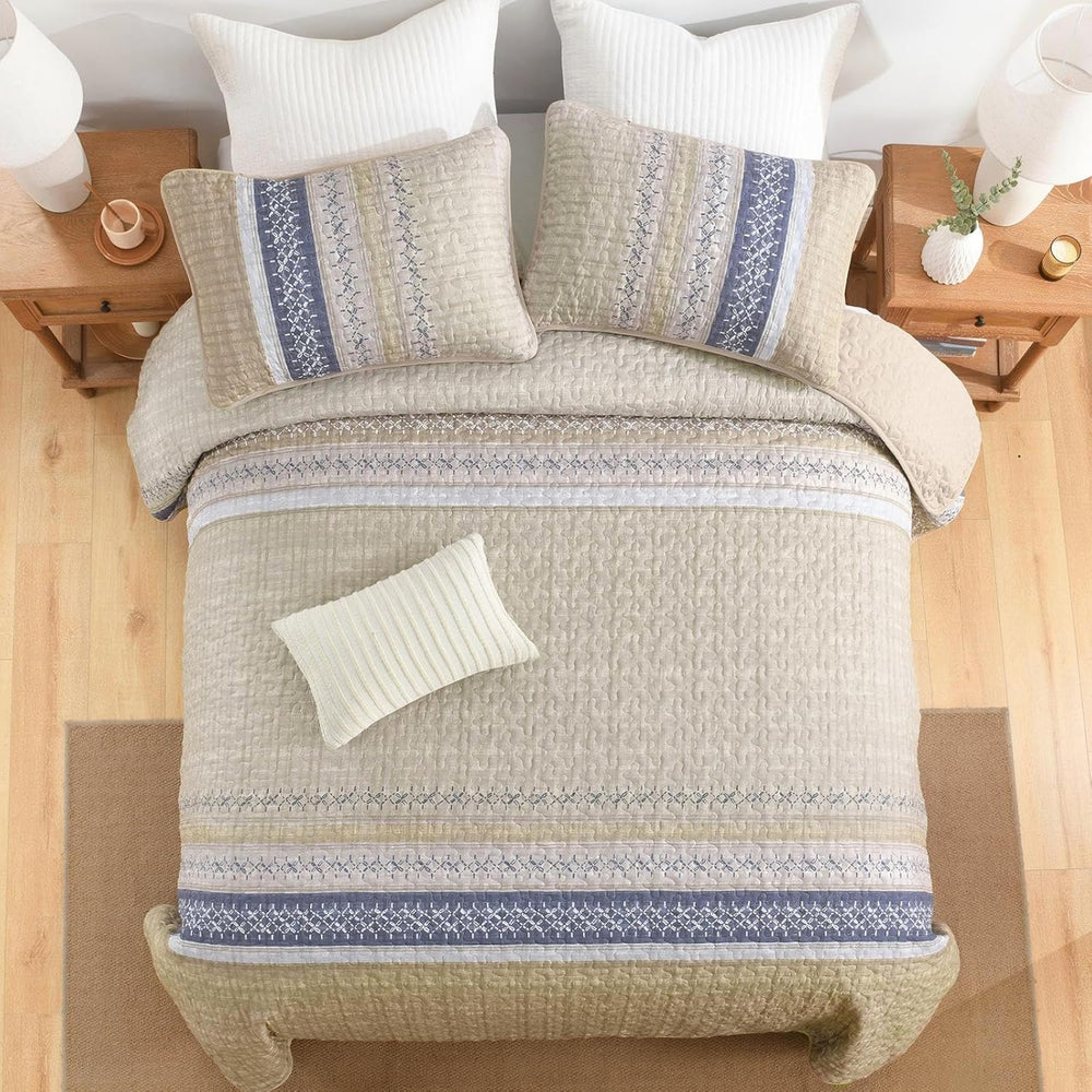 Cottolester Queen Quilt Bedding Set,Beige Blue Patchwork Striped Bedspread