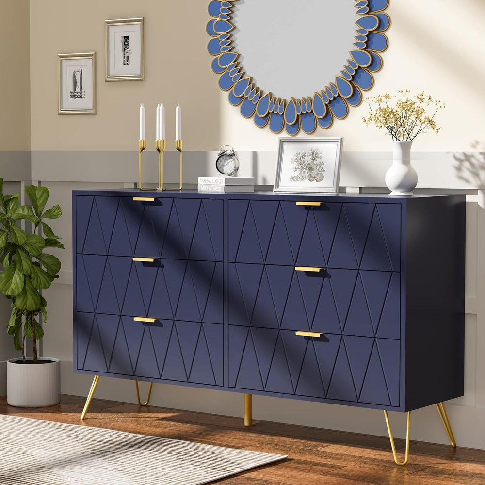 Anbuy Navy Large Dresser 6 Drawer Dresser for Bedroom, Chest of Drawer with 6...
