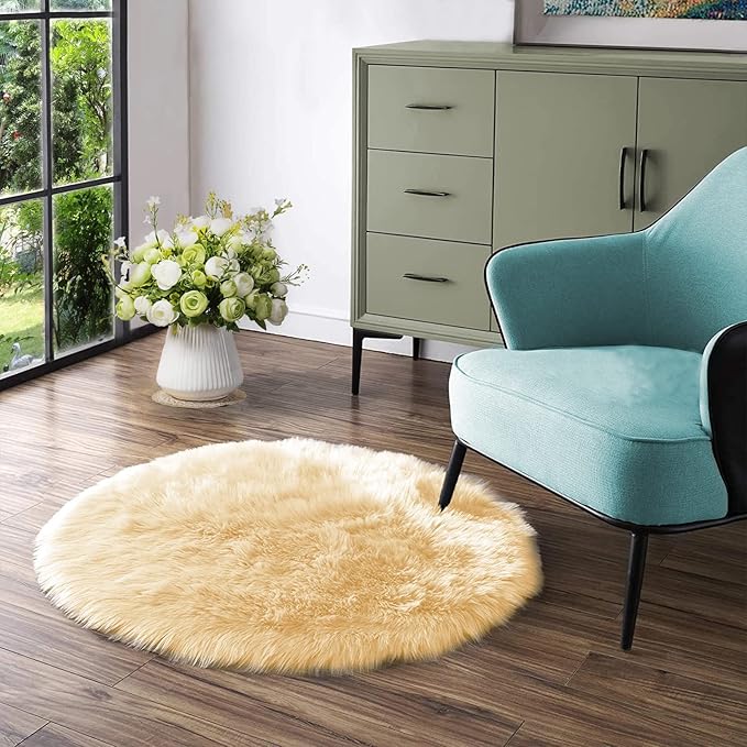 Latepis Yellow Round Rug for Living Room Faux Sheepskin Round Rugs 6ft Circle - Image 7