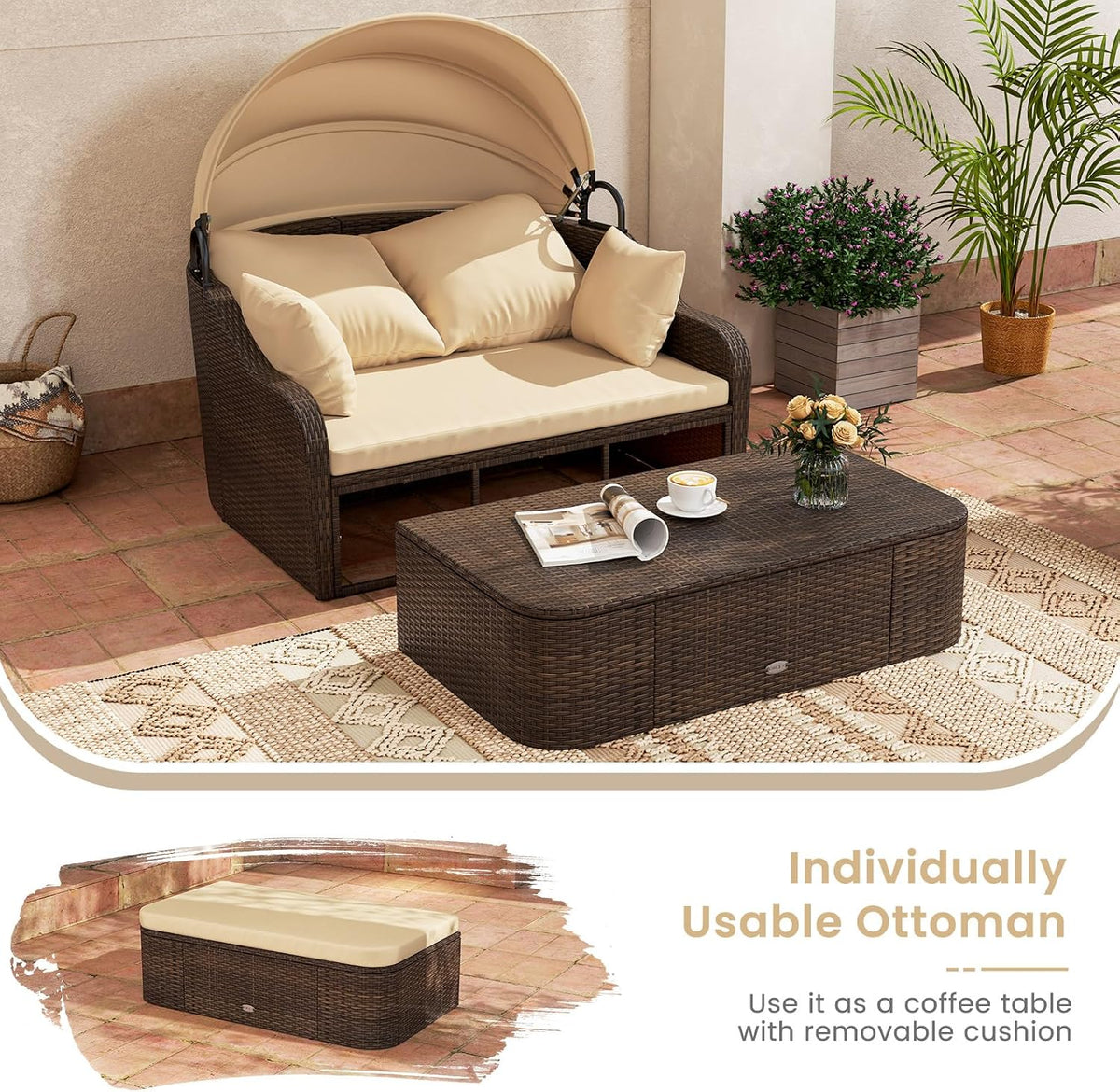 tangkula pe rattan patio daybed with retractable canopy, view 9