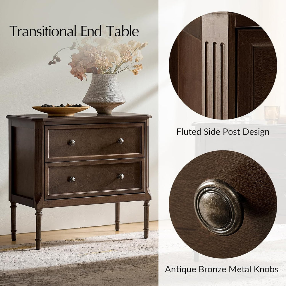 HULALA HOME Solid Wood End Table with Charging Station, Walnut, Set of 2