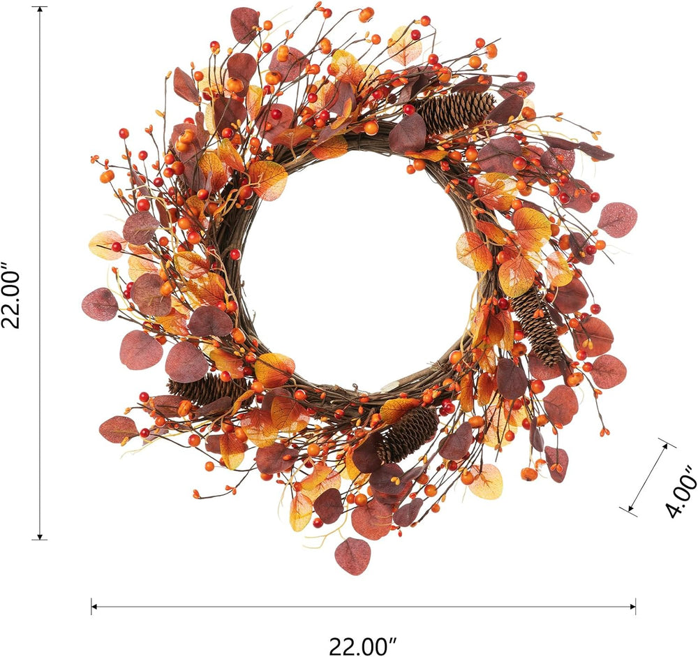Glitzhome 22" D Fall Eucalyptus Berry Wreath, Artificial Wreaths Rustic ...
