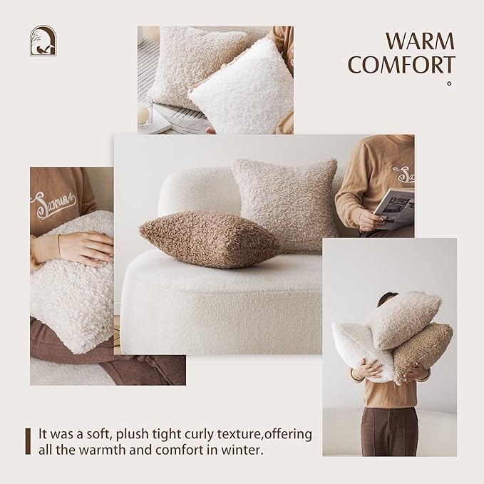 Foindtower 2 Pieces 24x24 Inch White, Faux Fur Throw Pillow Cover Accent Sherpa - Image 7