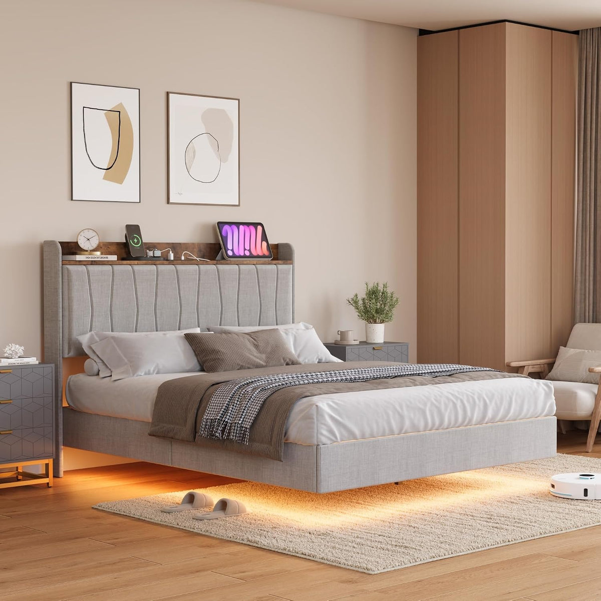 floating bed frame full with led, upholstered platform, main product view