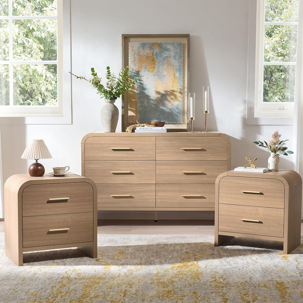 3-Piece Bedroom Set, Curved 6-Drawer Dresser&2-Drawer Nightstands