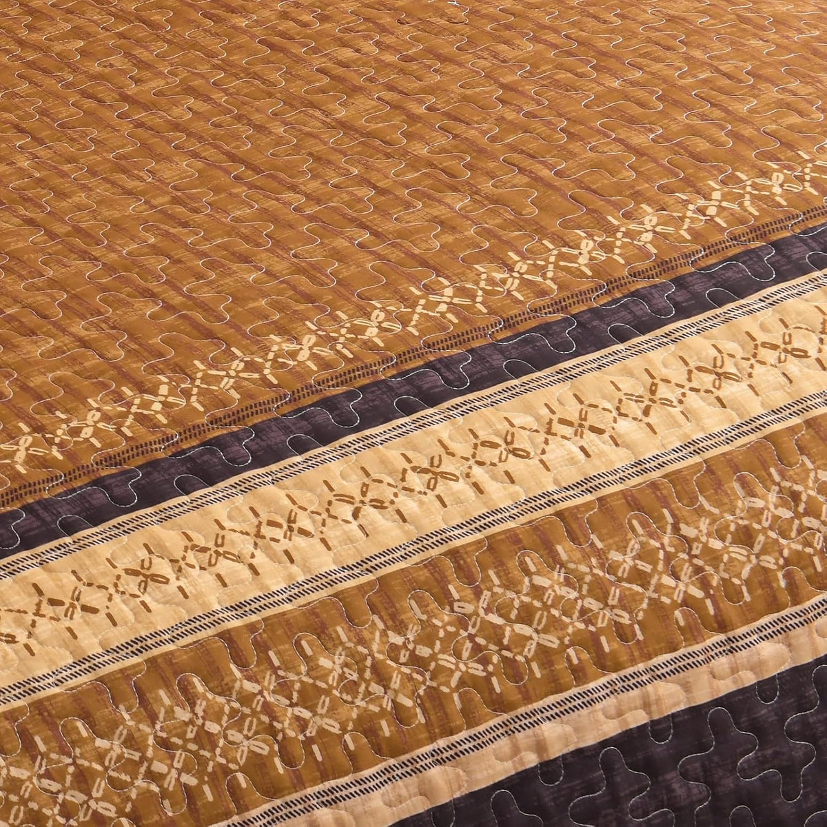 cottolester fall quilt set queen,burnt orange striped patchwork, front angle view