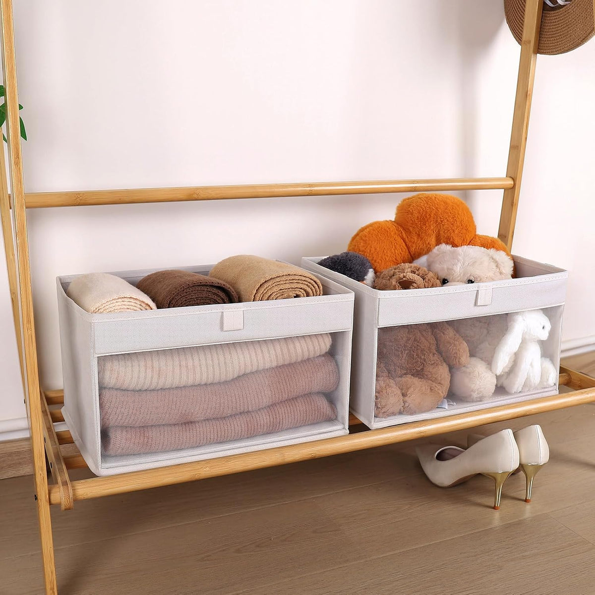 wuike closet storage bins with clear window, beige, front angle view