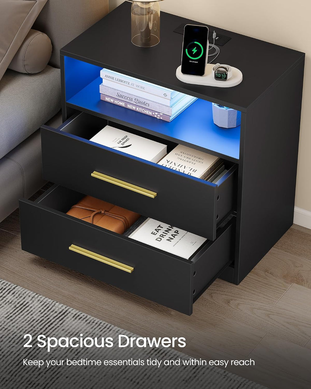VASAGLE 23.6 Nightstands, LED Lights, Charging Station, 2 Drawers