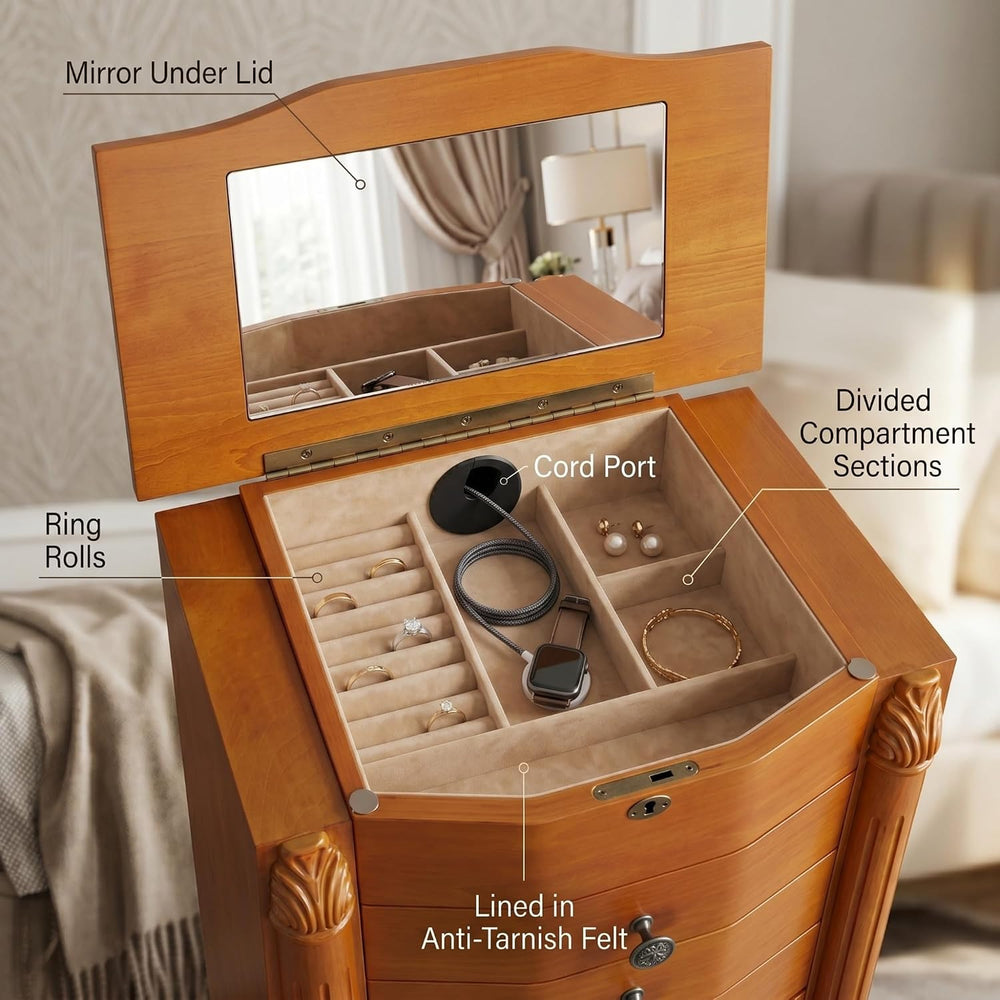 Hives & Honey Henry Standing Locking Jewelry Armoire with Mirror, 8-Drawe...