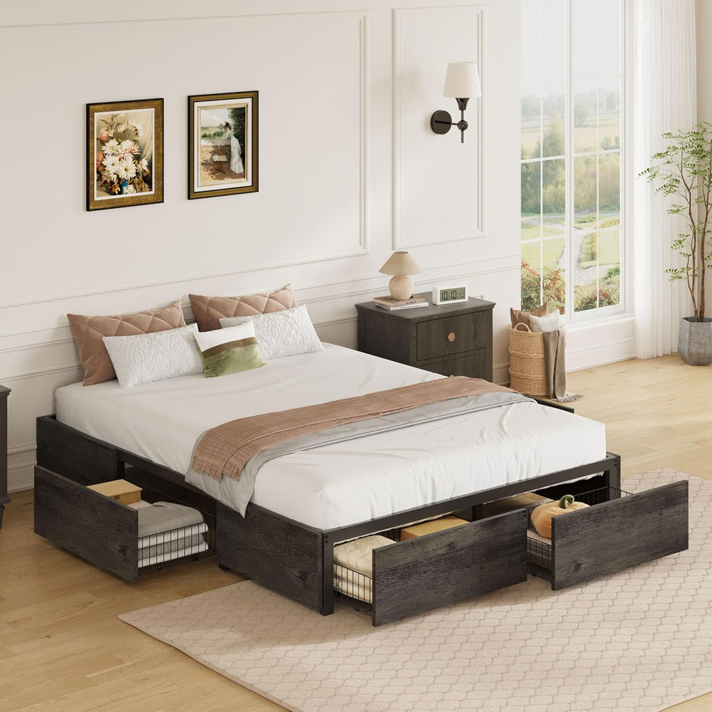 LIKIMIO Queen Bed Frame with 4 Storage Drawers, Charcoal Grey