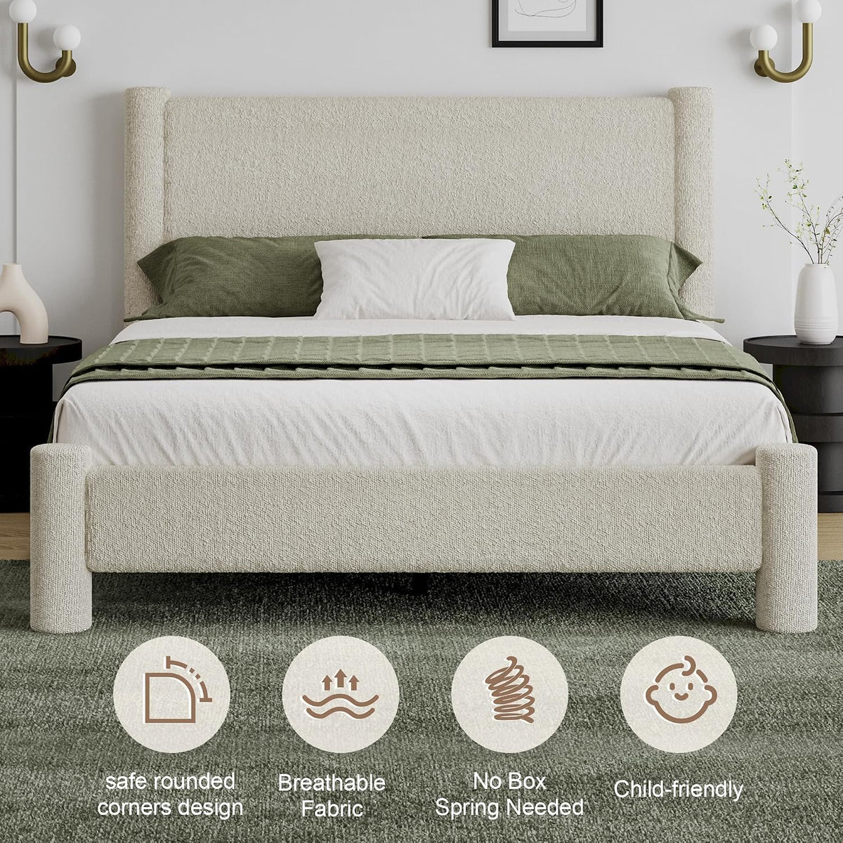 revominca queen cloud bed frame, boucle upholstered platform on a desk or shelf