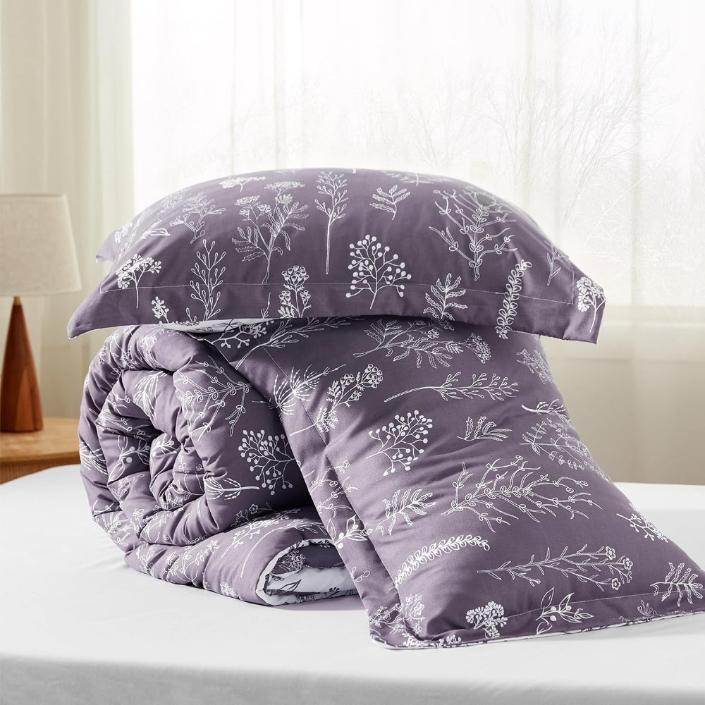 Bedsure Floral Comforter Set Cute Bedding Full Reversible Grayish Purple