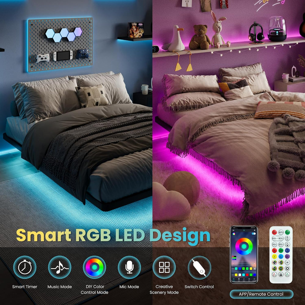 SHA CERLIN Queen Size Floating Bed Frame with Smart LED Lights, Black