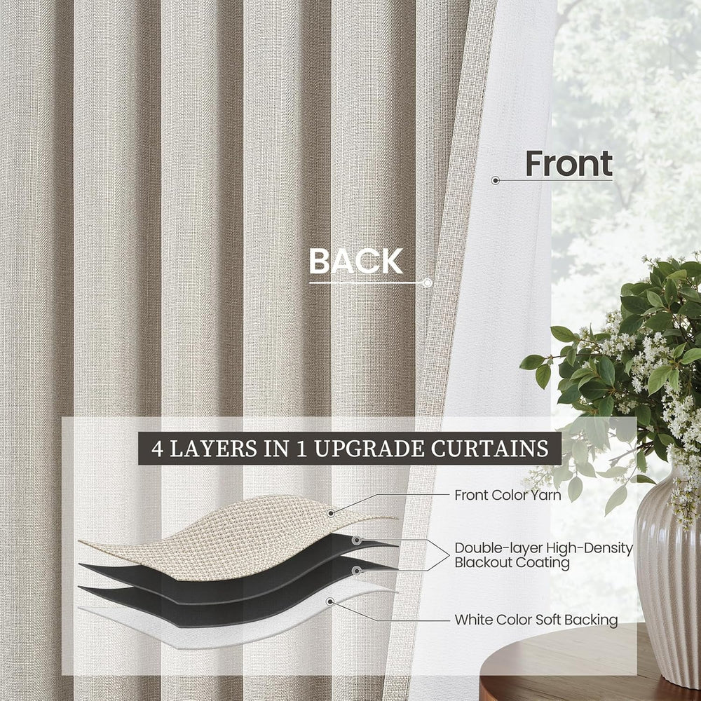 90 Inch Blackout Linen Curtains for Bedroom Natural Beige 52 Inch Wide