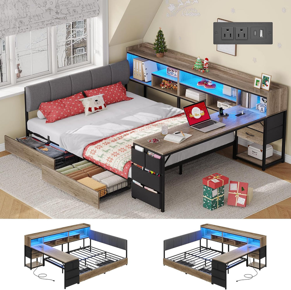 Space-Saving Corner Bed Frame Full with Storage & Desk, Oak Gray