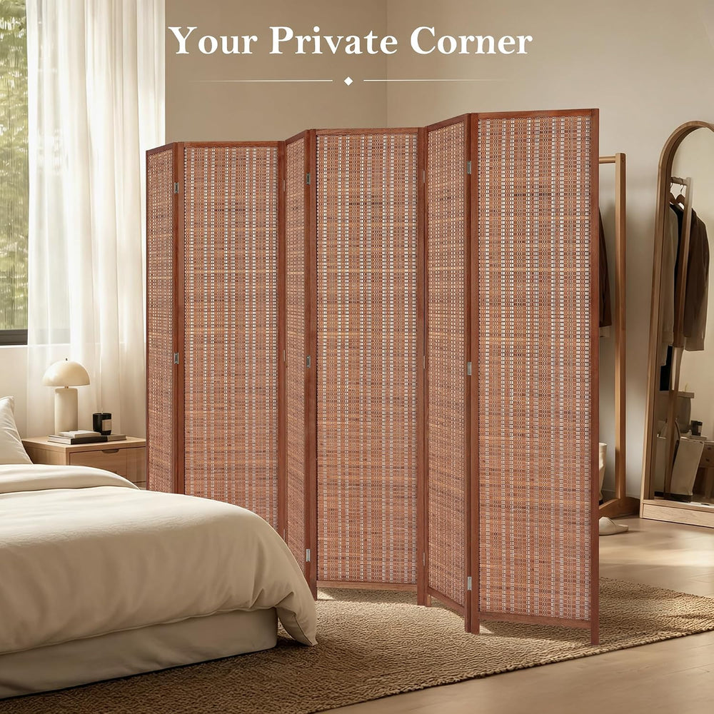 6 Panel Bamboo Room Divider, Folding Privacy Screen, Dark Brown