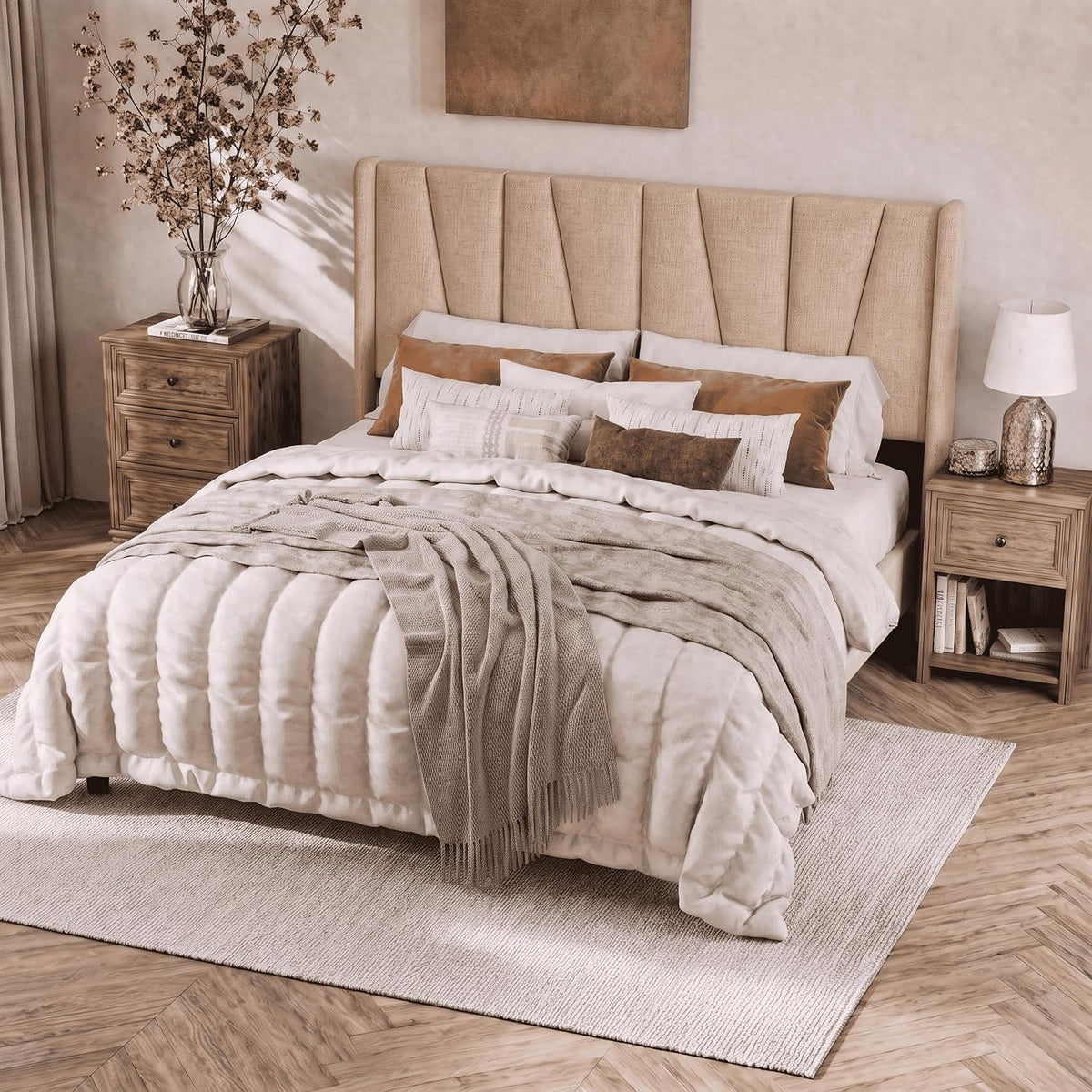 sha cerlin king upholstered bed frame with headboard on a desk or shelf