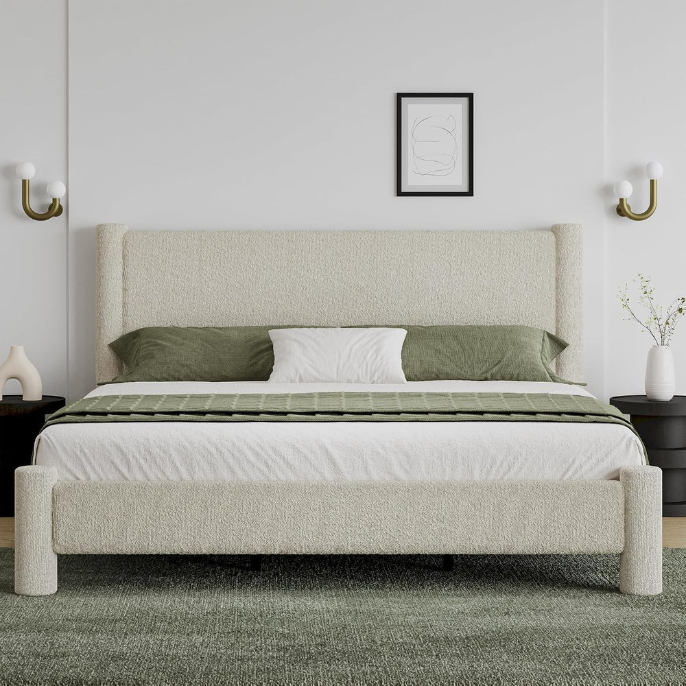 REVOMINCA King Size Cloud Bed Frame, Boucle Upholstered Platform Bed, Cream