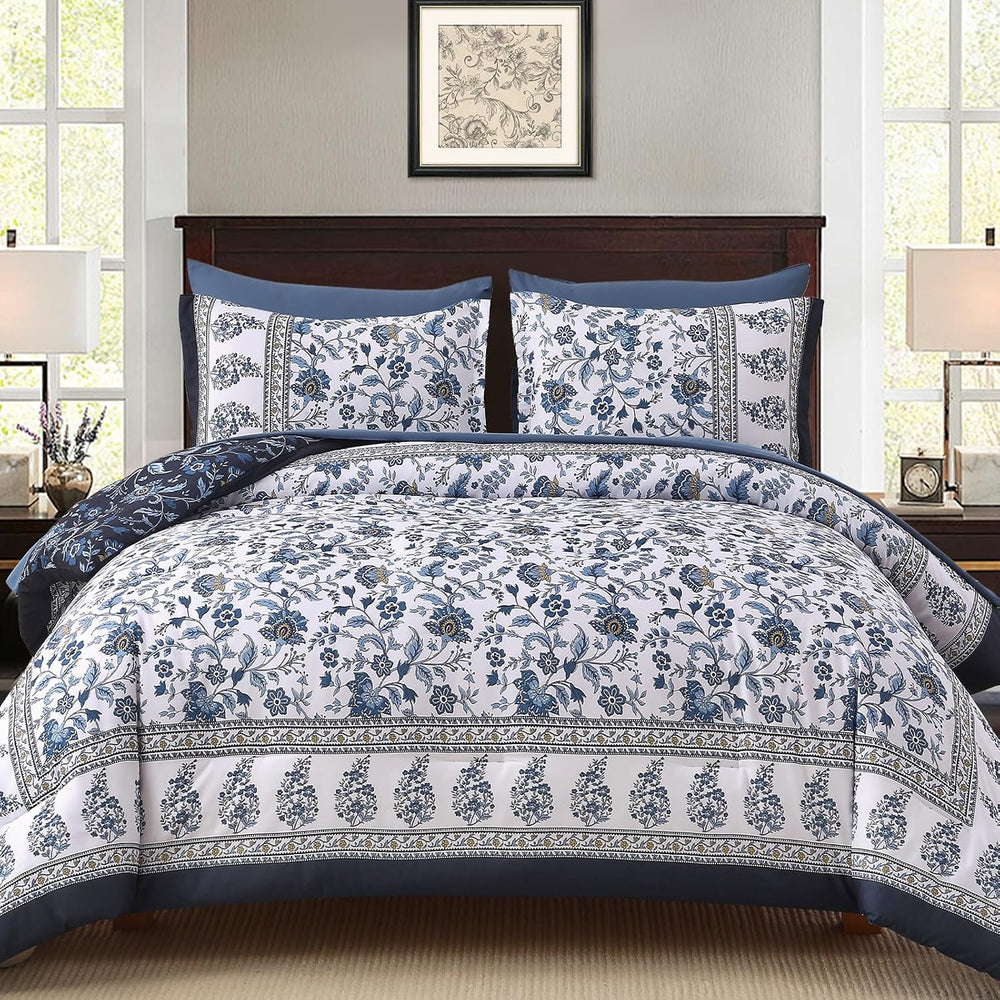Comforter Set Queen Size Boho, Reversible Blue Bedding Paisley Floral