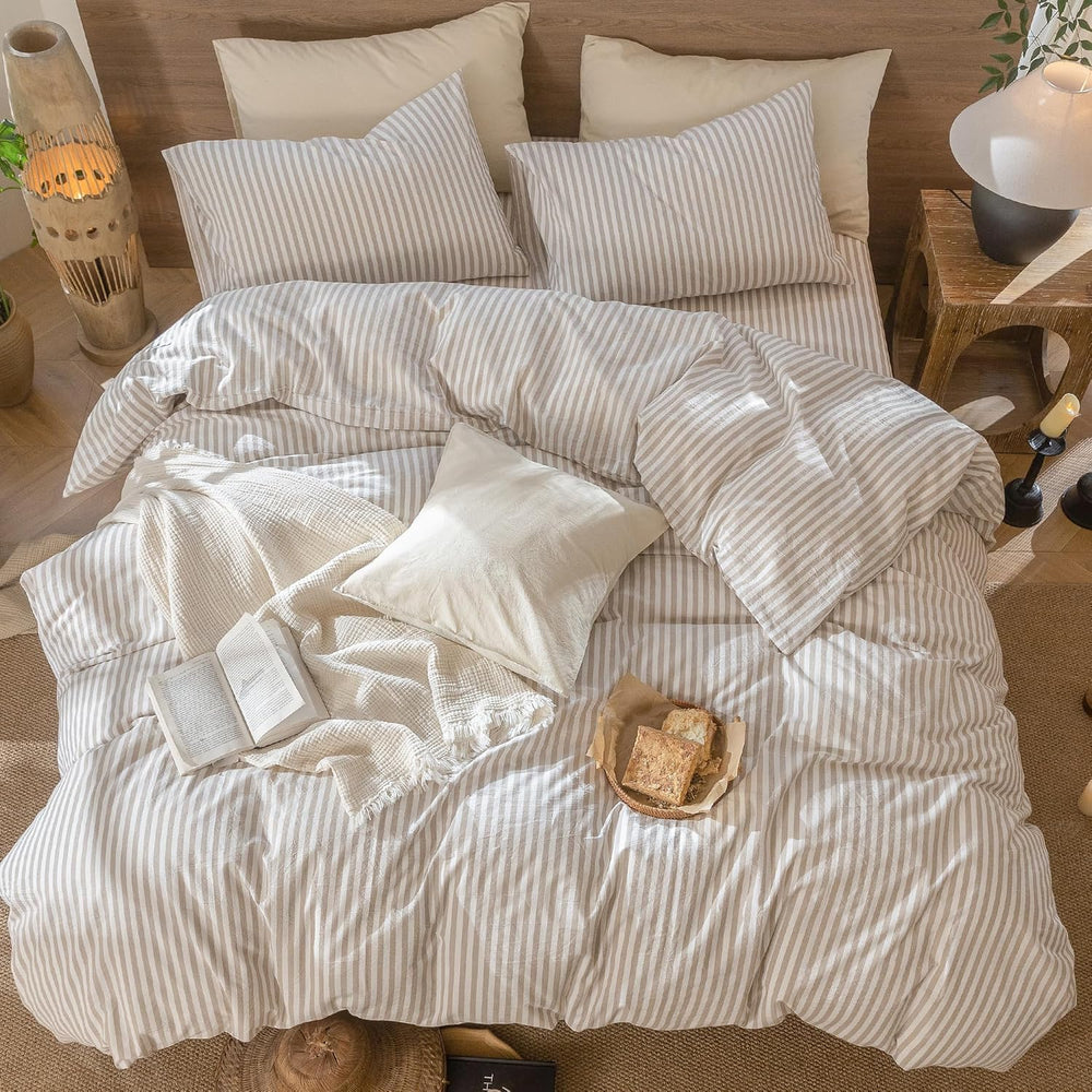 MooMee Striped Duvet Cover Set 100% Washed Cotton Linen Like King