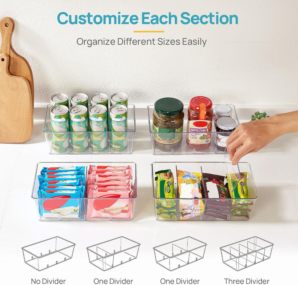 Vtopmart 8 Pack Food Storage Organizer Bins, Clear Plastic, 4 Compartments