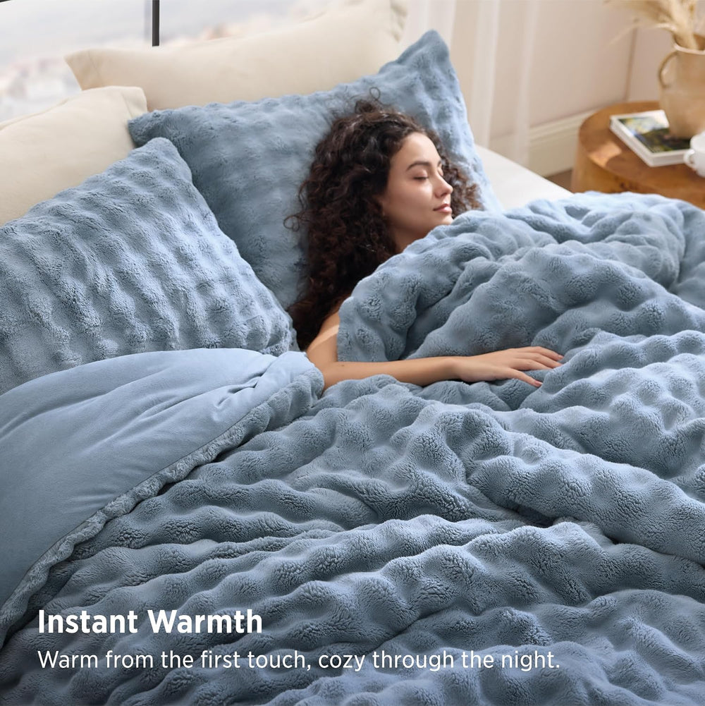 Bedsure 3D Cloud Bubble Comforter Set Fluffy Bed Set Queen Slate Blue 3 Pcs