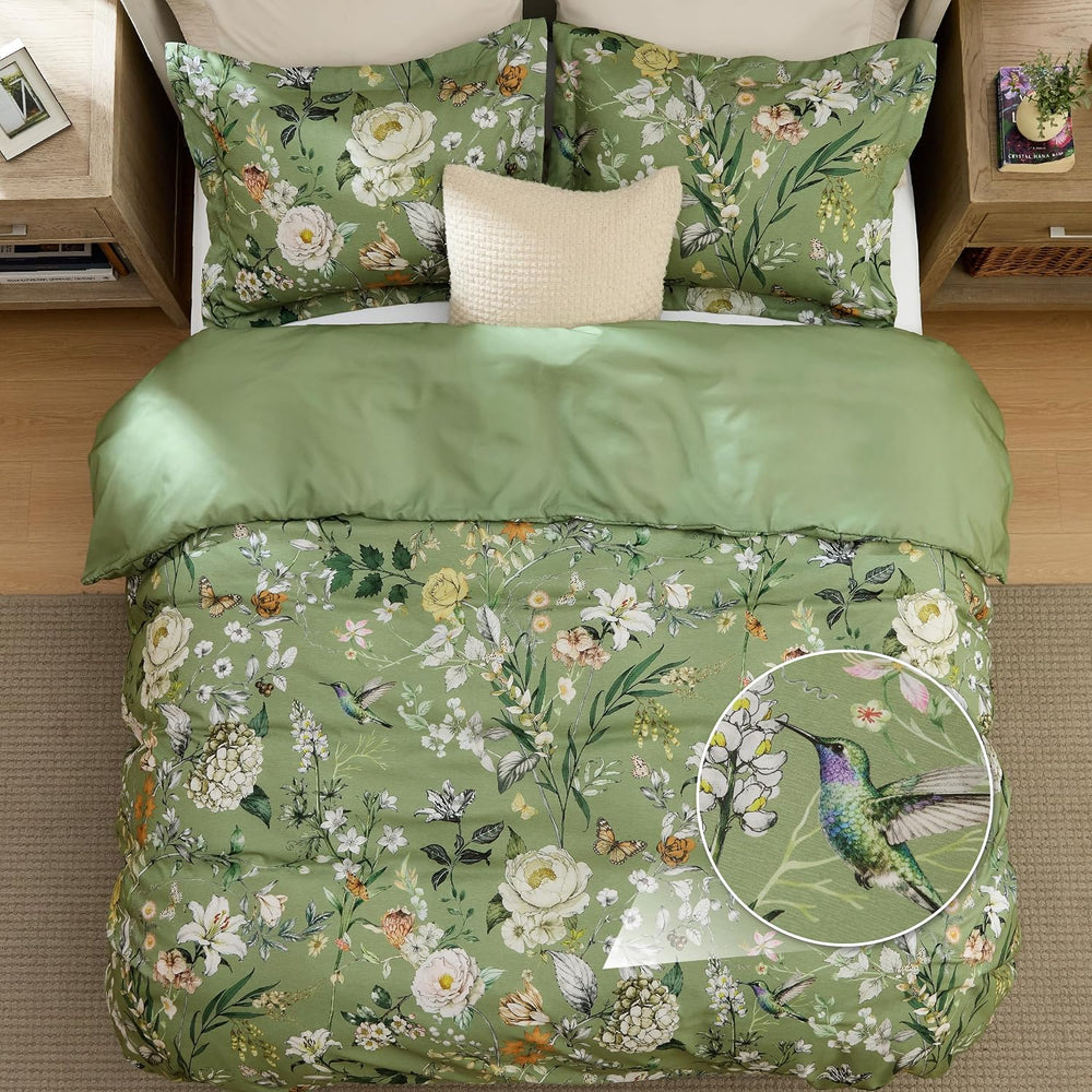 Bedsure Duvet Cover King Size - Reversible Green Floral&Bird Duvet Cover ...