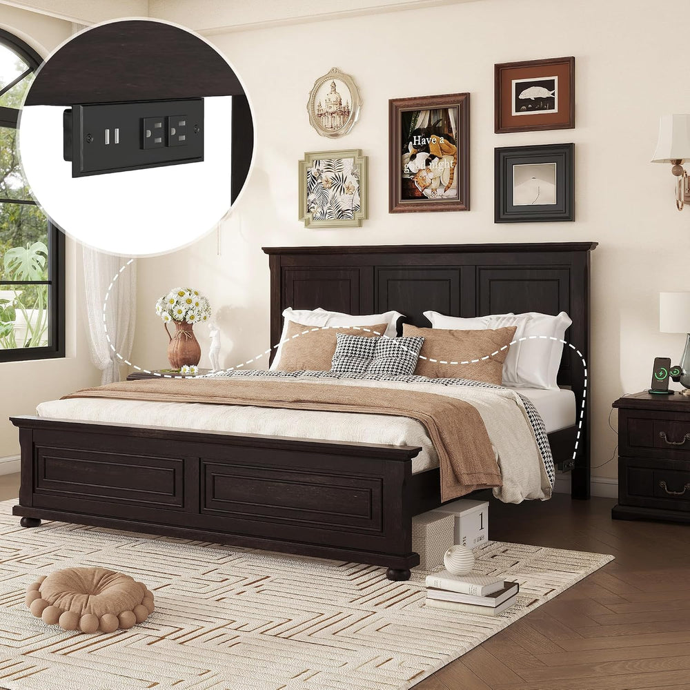 RuiSiSi King Size Solid Wood Bed with Tall Headboard & Footboard, Mid Cen...