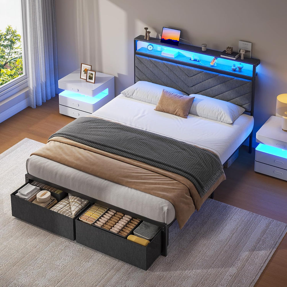 Fluest Full Bed Frame with 2 Drawers, Upholstered Headboard with Storage and ...