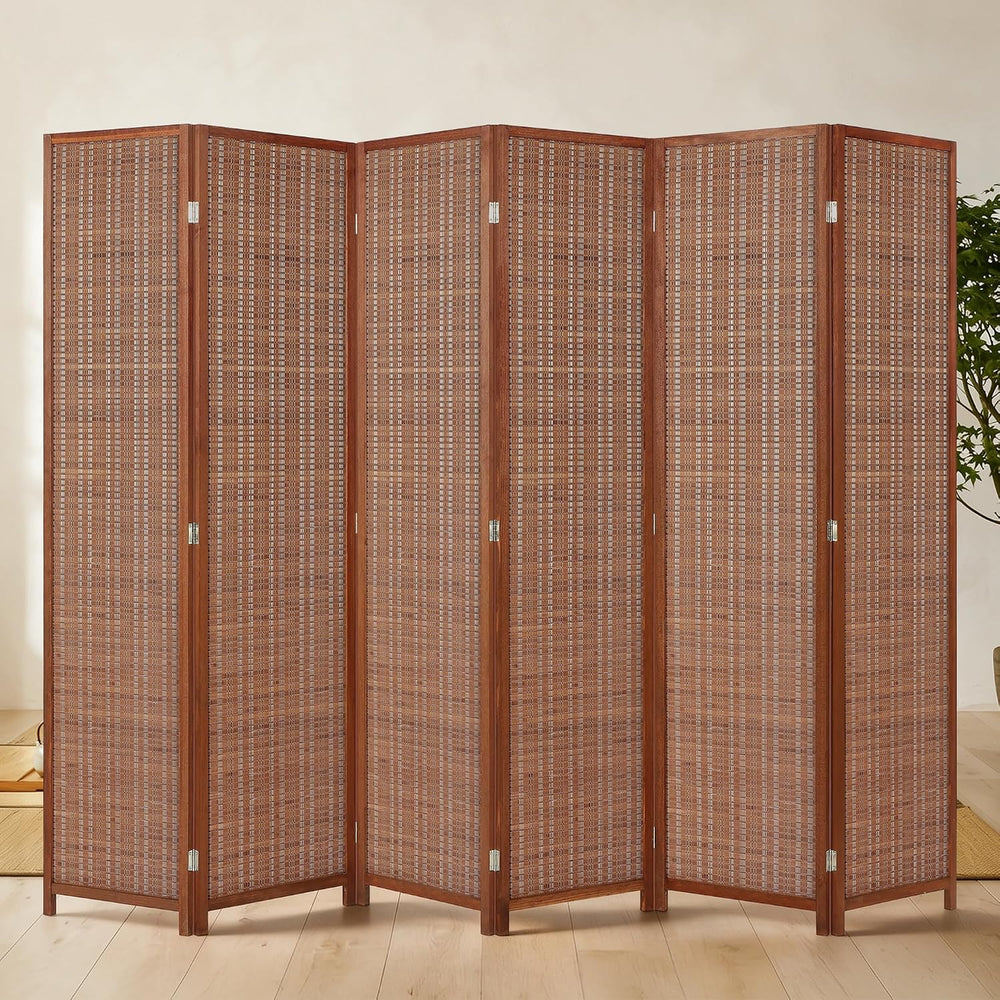 6 Panel Bamboo Room Divider, Folding Privacy Screen, Dark Brown