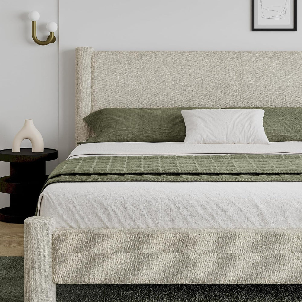 REVOMINCA King Size Cloud Bed Frame, Boucle Upholstered Platform Bed, Cream