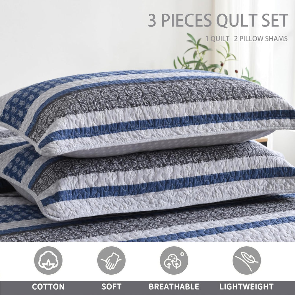 100% Cotton King Size Comforter Set Blue Grey Striped Quilt Set