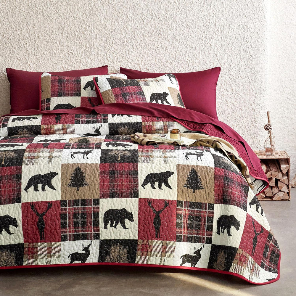 Wake In Cloud - Rustic Quilt Set, Cabin Lodge Christmas Bear Moose Deer Wildl...