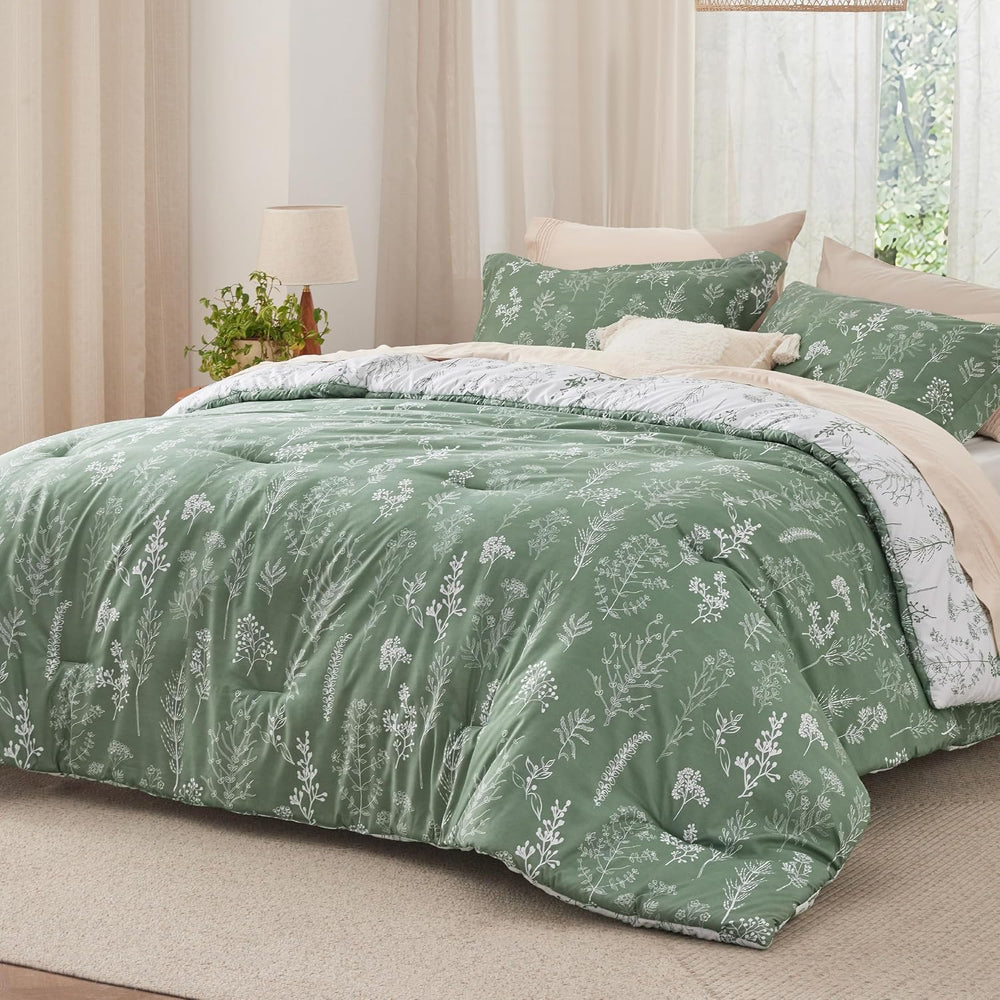 Bedsure Floral Comforter Set Cute Bedding Set Queen Reversible Green