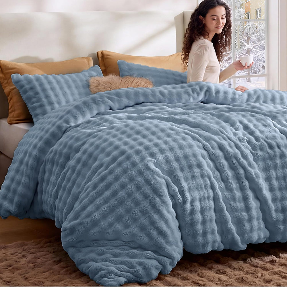 Bedsure 3D Cloud Bubble Comforter Set Fluffy Bed Set Queen Slate Blue 3 Pcs