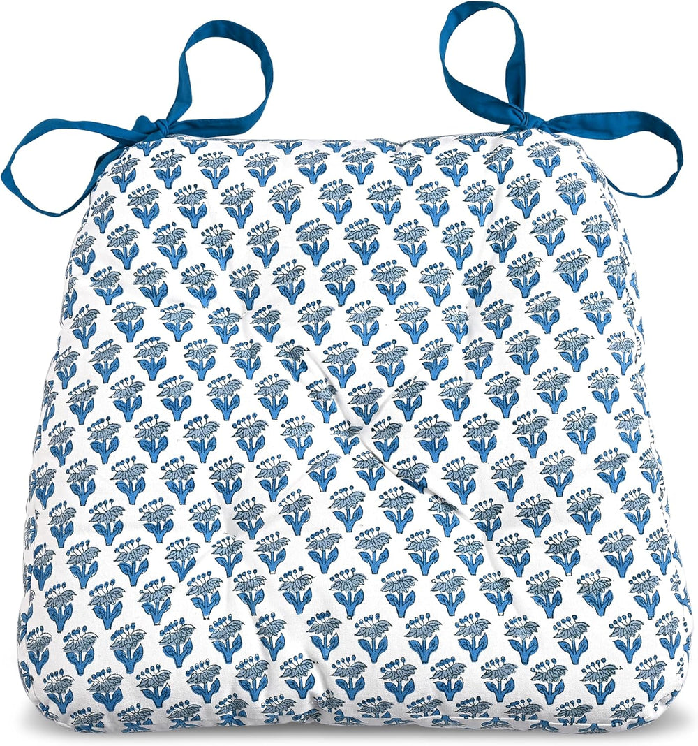 CPC Apatite Blue Block Print Cotton Chair Cushions 16x15x4 Inch, Set of 2