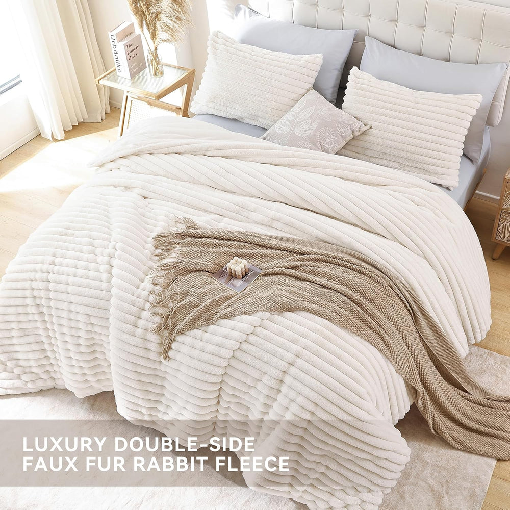 Fluffy Full Size Comforter 3 PCS - Cream White Fleece Bedding Set