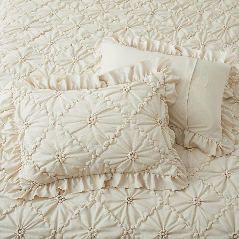 BEDAZZLED Queen Comforter Set, Beige Pinch Pleat Ruffle, 3 Pieces