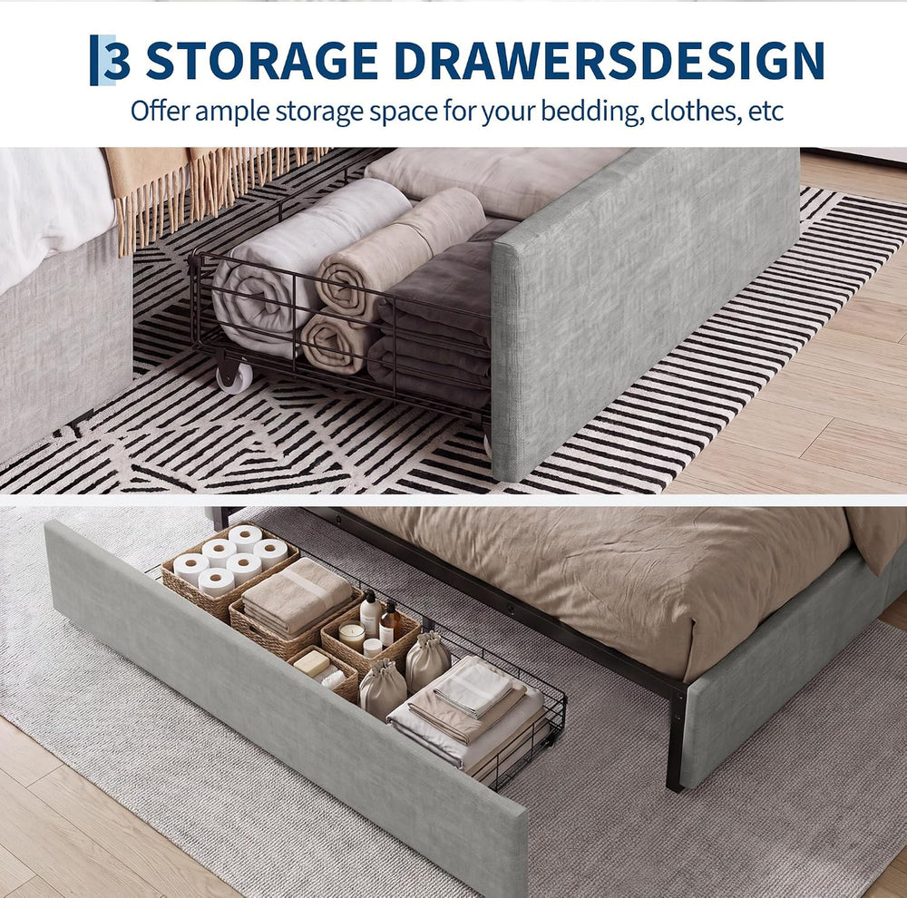 Garvee Queen Size Bed Frame with 3 Underbed Storage Drawers Light Gray
