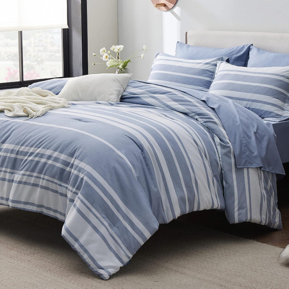 Bedsure Full Comforter Set 7 Pc, Blue Striped, Reversible, All-Season