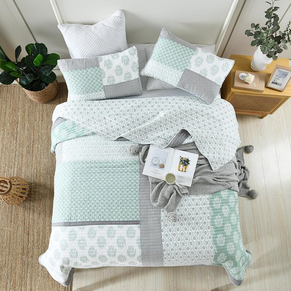 Finlonte Quilts Queen Size, 100% Cotton Queen Comforter Set, Green Grey Farmh...