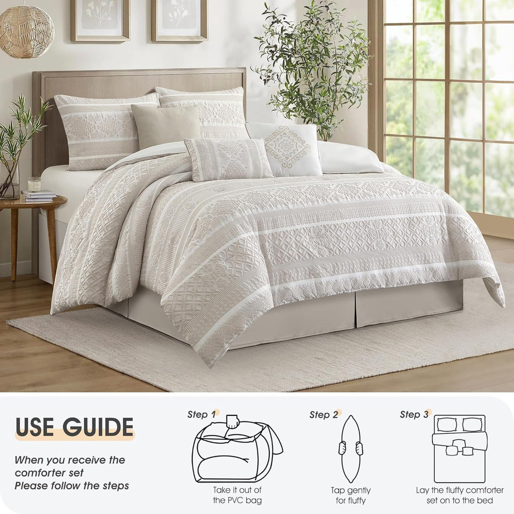 LANCO MODERN LIFESTYLE 7 Piece King Comforter Set, Beige, Elegant Jacquard wi...