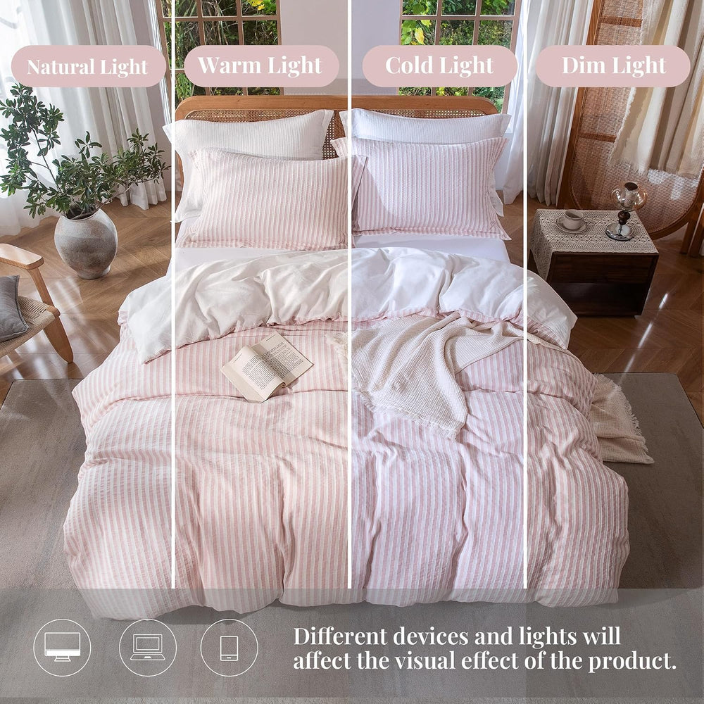 MILDLY Jacquard Striped Duvet Cover Set 3pcs Dual Zipper Pink Full