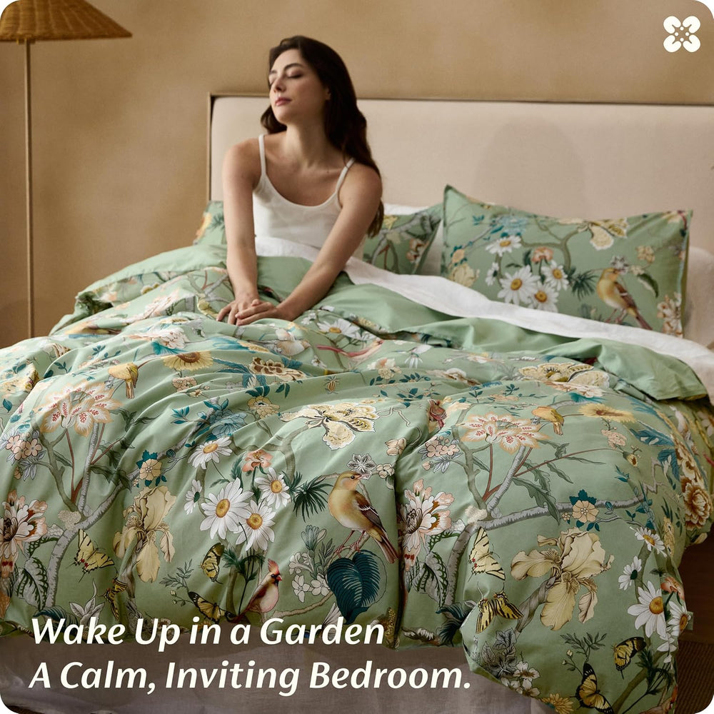 Bedsure PureWoven 100% Cotton Floral Duvet Cover Set, Queen, Green Garden