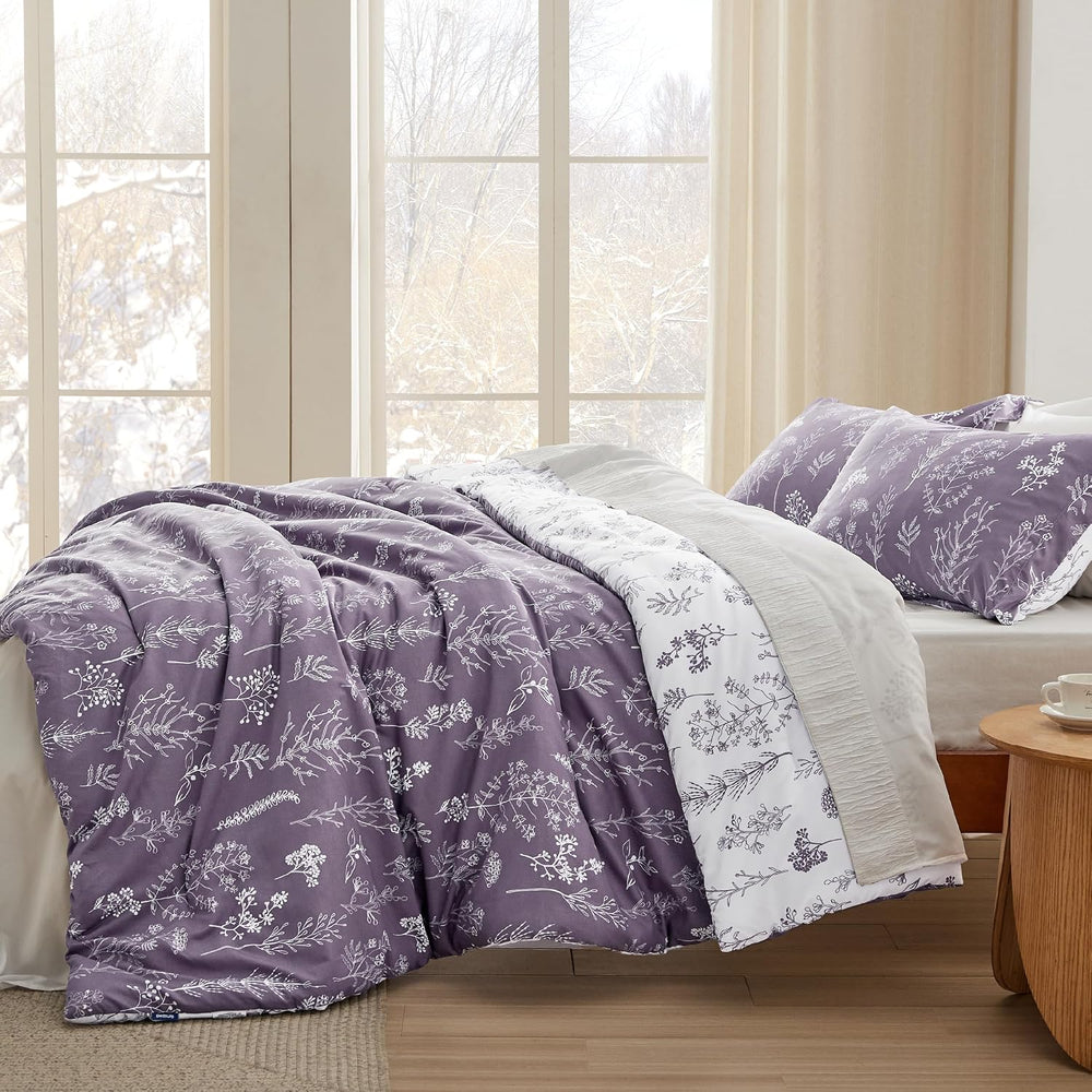 Bedsure Floral Comforter Set Cute Bedding Full Reversible Grayish Purple